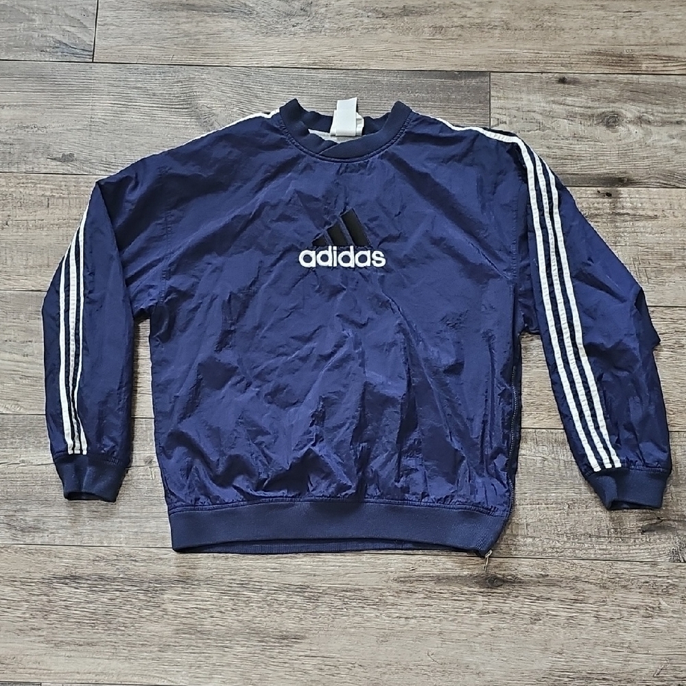 VTG Adidas Pullover Men L Blue Jacket Windbreaker Lined 3 Stripe 90s Sweatshirt